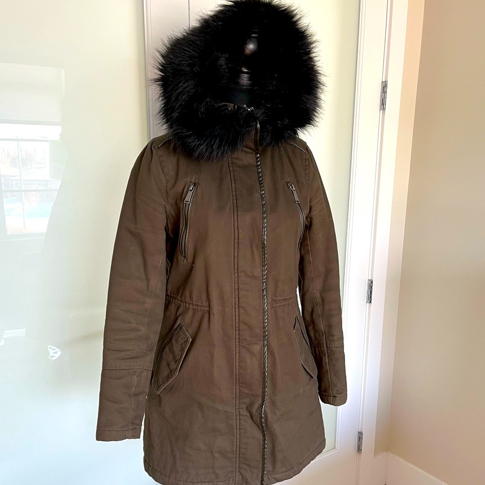 BCBG Women's Next Generation Faux Fur Lined Coat, size XS in Olive/Green.